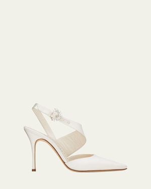 Manolo Blahnik Hafela Silk Asymmetrical Ankle-Strap Pumps - Natural