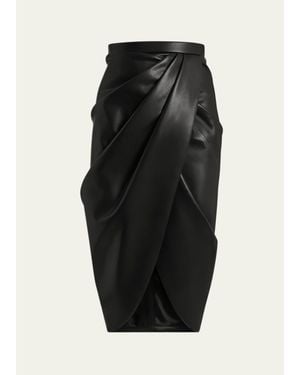 Balmain High-Waist Draped Lambskin Midi Skirt - Black