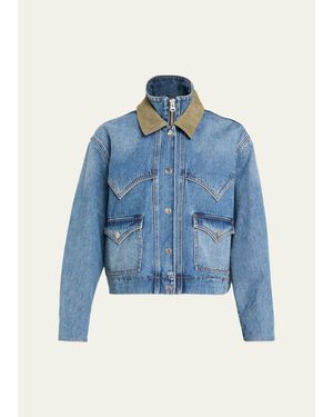 Veronica Beard Wegner Layered Corduroy-Collar Denim Jacket - Blue