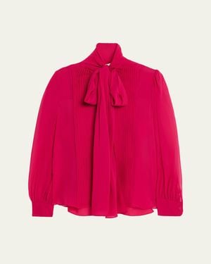 Carolina Herrera Pleated Silk Georgette Bow-Neck Blouse - Pink