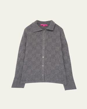 The Elder Statesman Checkerboard Cashmere Collared Cardigan - Gray