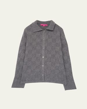 The Elder Statesman Checkerboard Cashmere Collared Cardigan - Gray