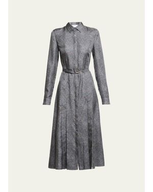 Gabriela Hearst Jane Herringbone Print Silk Belted Midi Shirtdress - Gray