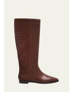 Loeffler Randall Tilly Flat Woven Leather Knee-High Riding Boots - Brown