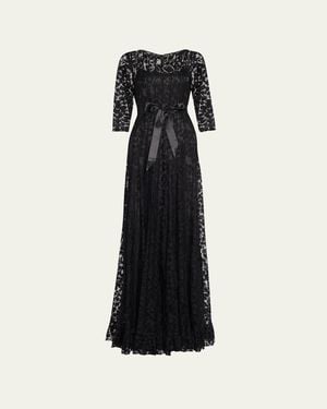 Teri Jon 3/4-sleeve Lace Overlay Gown - Black
