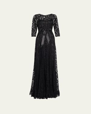 Teri Jon 3/4-sleeve Lace Overlay Gown - Black