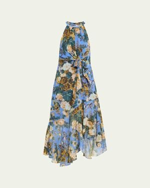 Kobi Halperin Emery Asymmetric Floral-Print Halter Midi Dress - Blue