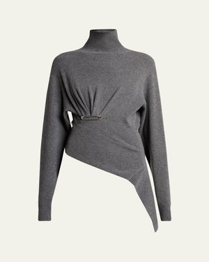 Lanvin Asymmetric Safety-Pin Gathered Cashmere Turtleneck Sweater - Gray