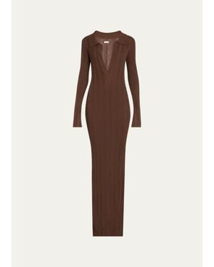 AEXAE Rib-Knit Collared Maxi Dress - Brown