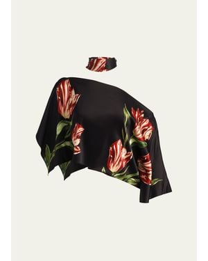 Alice + Olivia Rita Draped Floral One-Shoulder Crop Top - Black