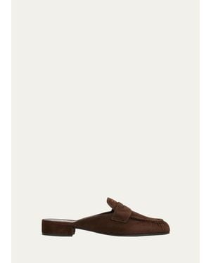 Prada 5Mm Suede Penny Loafer Mules - Natural