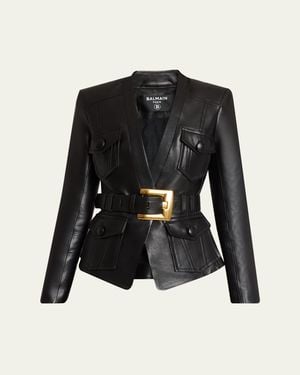 Balmain Belted Leather Fitted Jacket - Black