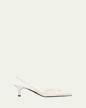 Prada 55Mm Triangle Logo Woven Leather Slingback Pumps - Natural
