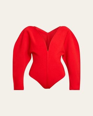 Givenchy Puff-Sleeve Deep V-Neck Bodysuit - Red