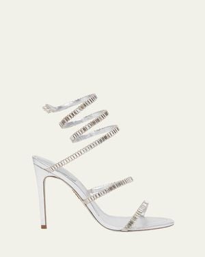 Rene Caovilla Metallic Leather Strass Snake Ankle Wrap Sandals - White