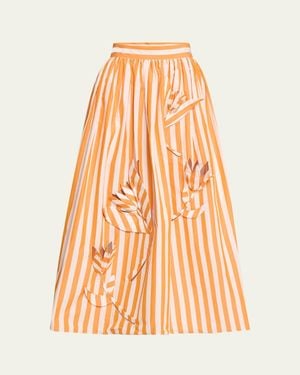 Oscar de la Renta Floral Cut Out Striped Cotton Maxi Skirt - Orange