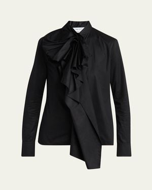 McQueen Draped Ruffle Cotton Poplin Blouse - Black