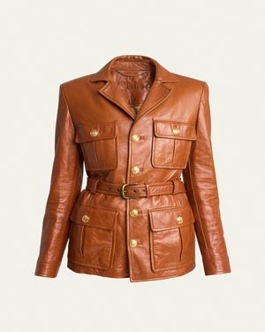 Chloe Glossy Leather Belted Military Jacket in Orange Lyst