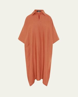 Eskandar Angle To Front Side Seam Short Sleeve Dress With Collar - Orange