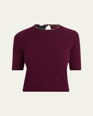 Giorgio Armani Embellished Short-Sleeve Cashmere Crewneck Sweater - Purple