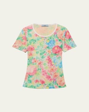 Prada Costina Flower-Print Short-Sleeve Top - White