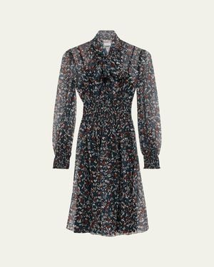 Burberry Disty Floral-Print Silk Creponne Bow-Neck Long-Sleeve Dress - Blue