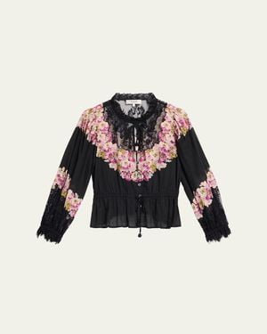 Sea Persephone Print Cotton & Lace Long-Sleeve Blouse - Black