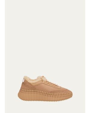 Chloé Nama Shearling-Lined Suede Platform Sneakers - Natural
