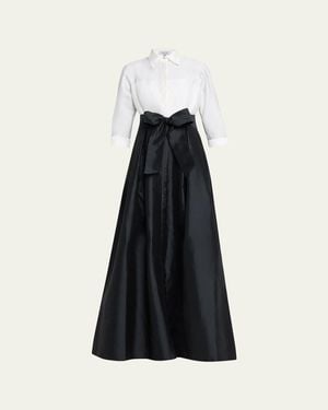 Teri Jon Two-tone 3/4-sleeve Taffeta Shirtdress Gown - Blue