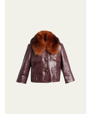 Chloé Shiny Calf Leather Jacket With Shearling Collar - Brown