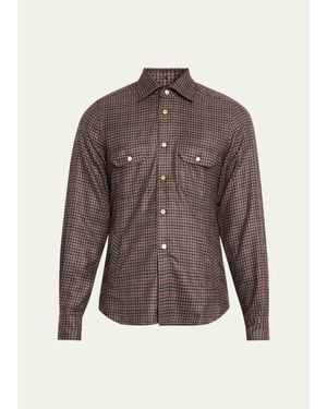 Kiton Cotton Check Double-Pocket Button-Down Shirt - Brown