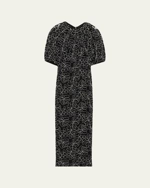 Lela Rose Floral Lace Puff-Sleeve Midi Sheath Dress - Black