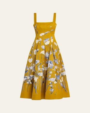 Lela Rose Floral Faille Sleeveless Fit-&-Flare Gown - Yellow