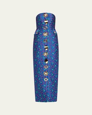 Harbison Quanta Floral Brocade Strapless Buttoned Gown - Blue