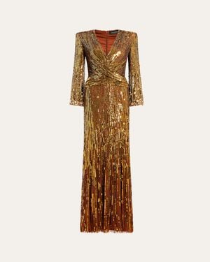 Jenny Packham Cosmos Long-Sleeve V-Neck Sequin Gown - Natural