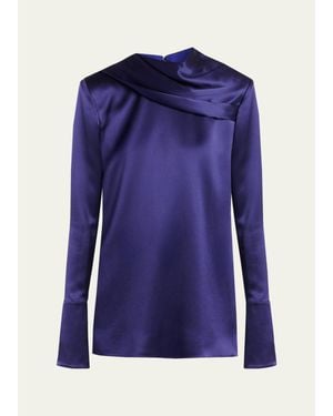 Tom Ford Draped Silk Long-Sleeve Tunic Blouse - Blue
