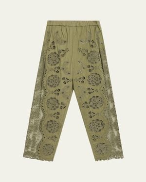 Sea Gardener Embroidered Lace-Panel Pants - Green