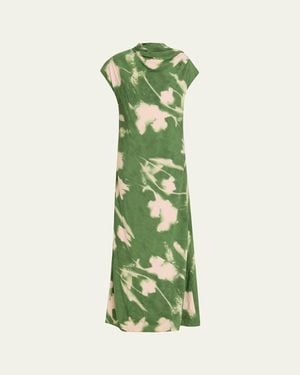 Lela Rose Abstract Floral Crepe A-Line Cap-Sleeve Gown - Green