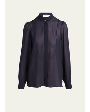 McQueen Wishbone-Button Silk Chiffon Button-Down Blouse - Blue