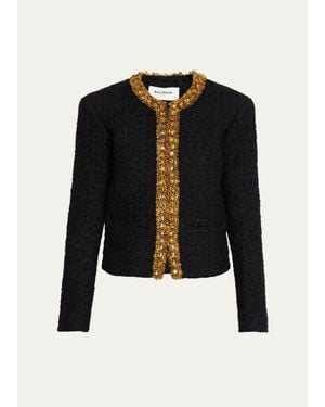 Balmain Beaded Metallic Tweed Collarless Jacket - Black