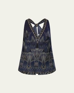 CAMILLA V-Neck Top With Knot Back - Blue