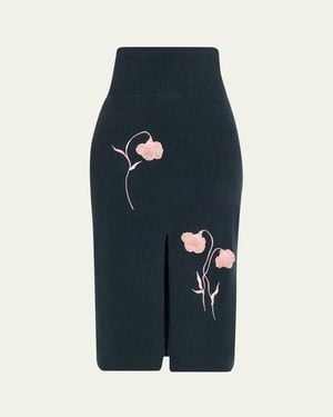Erdem Embroidered Wool Knit Midi Pencil Skirt - Blue