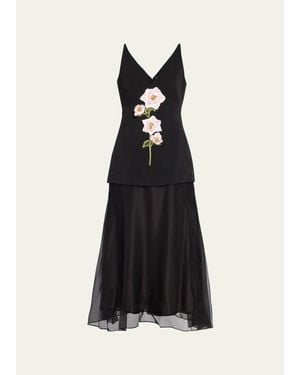 Lela Rose 3D Peony Embroidered Faille V-Neck Cocktail Dress - Black
