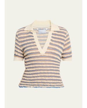 BERNADETTE Ophelia Striped Crinkle Wool Polo Shirt - Natural