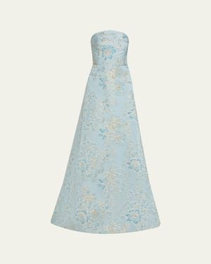 Teri Jon Strapless Metallic Floral Jacquard Gown - Blue