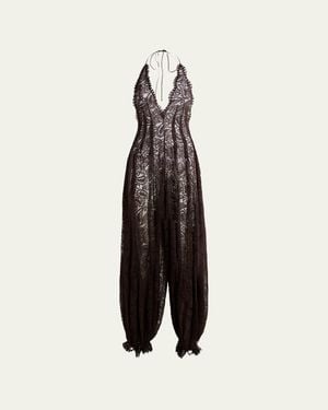Etro Plunging Halter Lace Balloon-Leg Jumpsuit - Natural