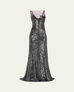 Naeem Khan Floral Applique Stretch Sequin V-Neck Gown - White