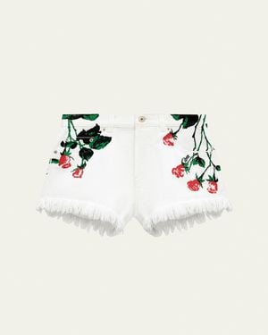 Loewe Flower-Print Fringed Peekaboo Denim Shorts - Natural