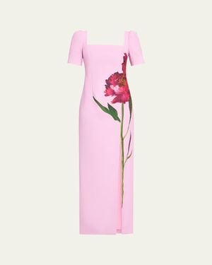 Teri Jon Beaded Floral-Print Crepe Column Gown - Pink
