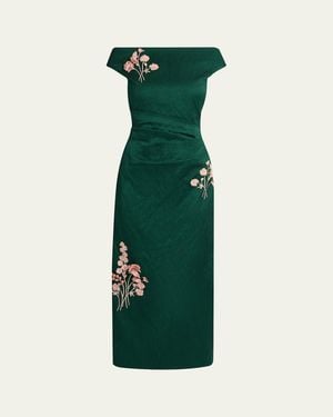 Erdem Off-The-Shoulder Embroidered Textured Satin Midi Dress - Green